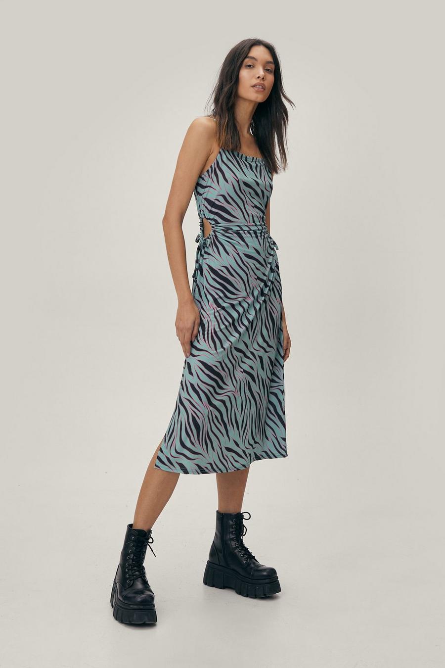 Zebra Print Cut Out Side Midi Dress