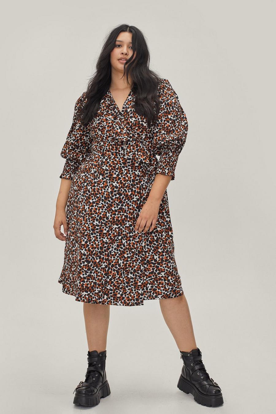 Plus Size Leopard Print Wrap Midi Dress