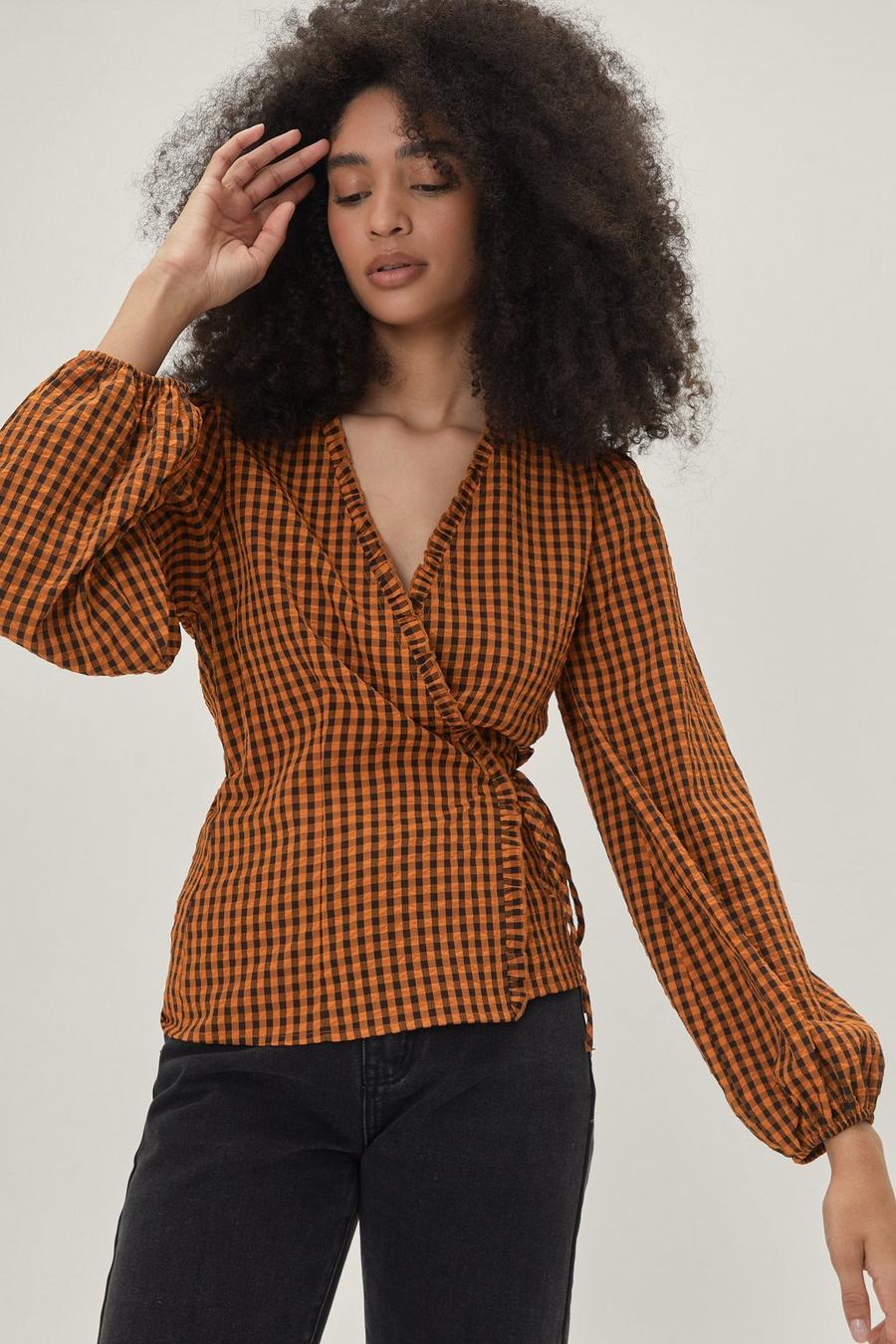 Check Print Puff Sleeve Wrap Front Top