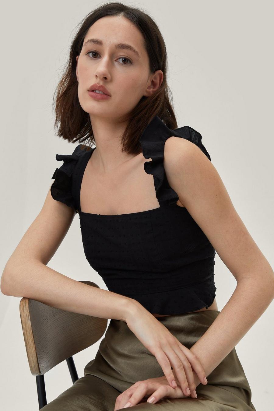 Cotton Dobby Frill Shoulder Crop Top