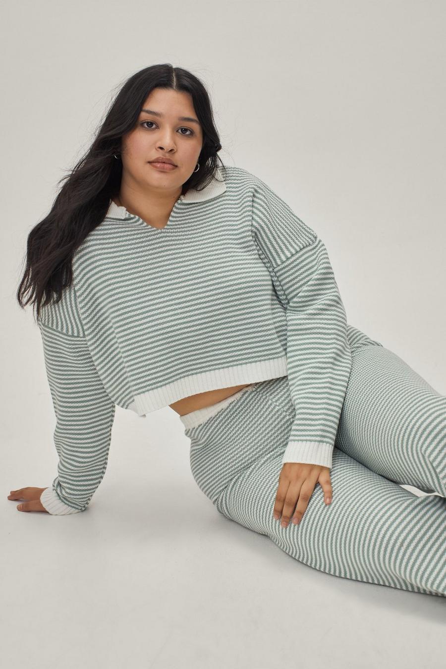 Plus Size Striped Top and Wide Leg Trousers Set
