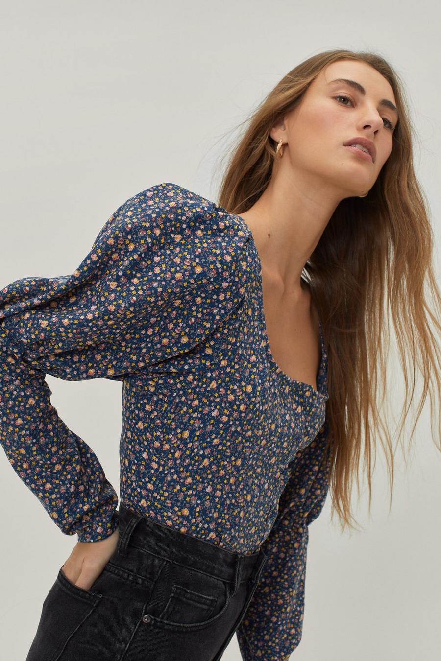 Floral Puff Sleeve Button Down Blouse