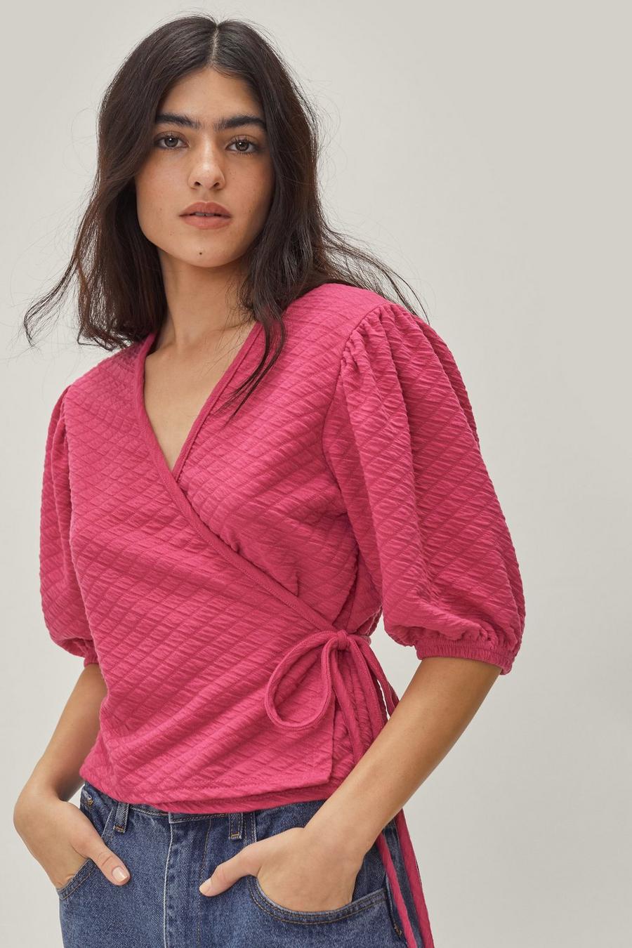 Quilted Balloon Sleeve Wrap Top