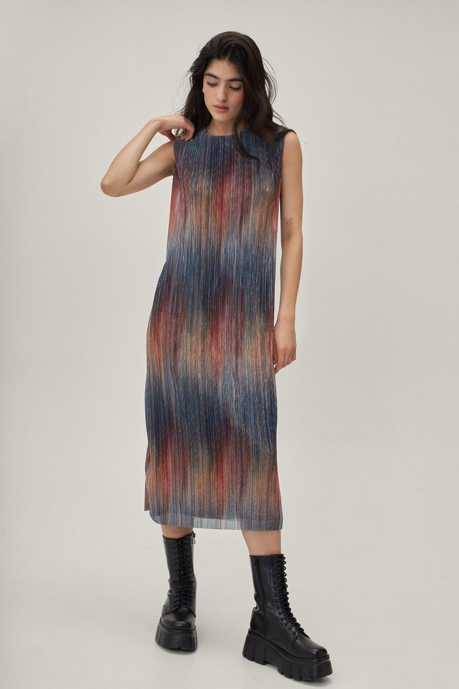 Rainbow Metallic Plisse Column Midaxi Dress