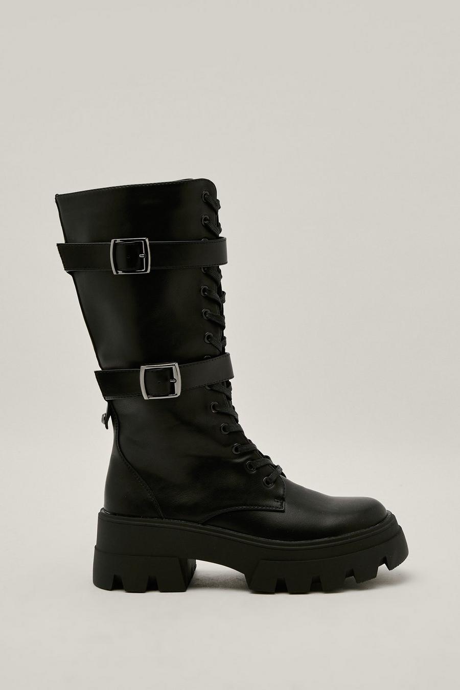 Faux Leather Double Buckle Knee High Hiker Boots