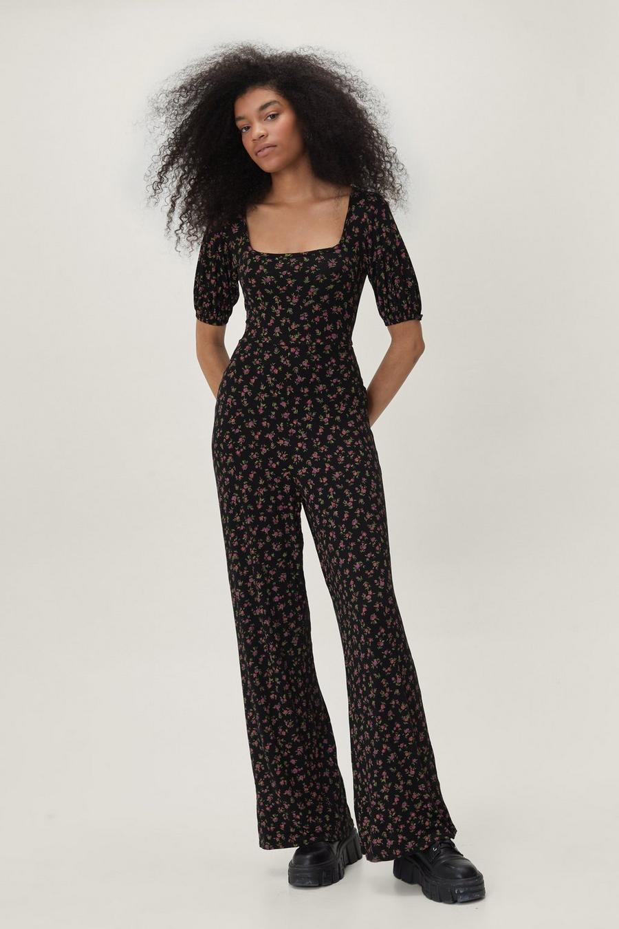 Floral Print Square Neck Fitted Jumpsuit