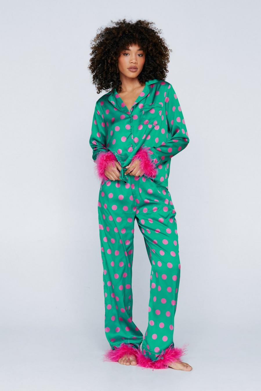 Polka Dot Feather Trim Shirt & Trousers Pyjama Set