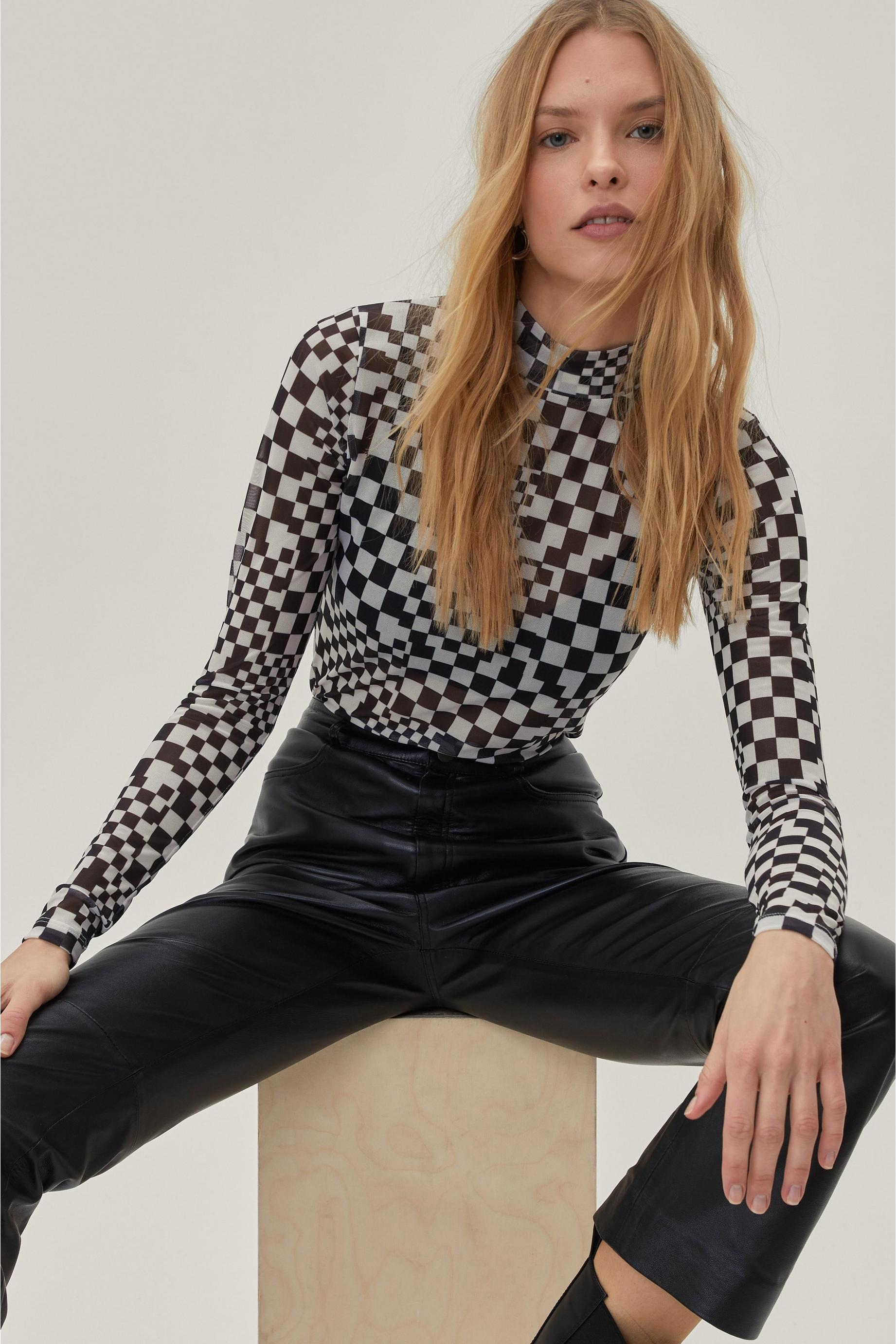 Abstract Check Mesh Funnel Neck Top
