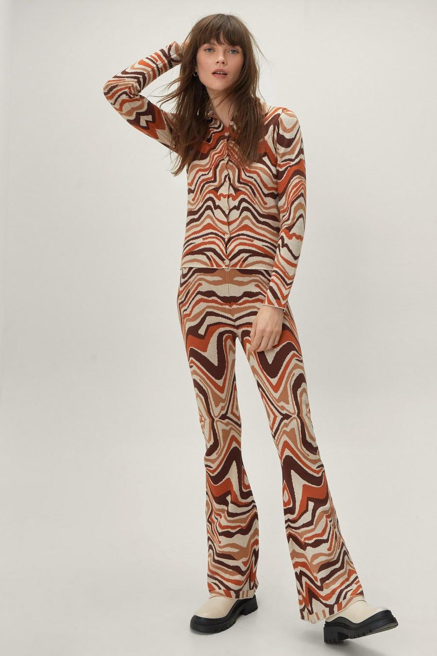Wave Print Knitted Flared Trousers