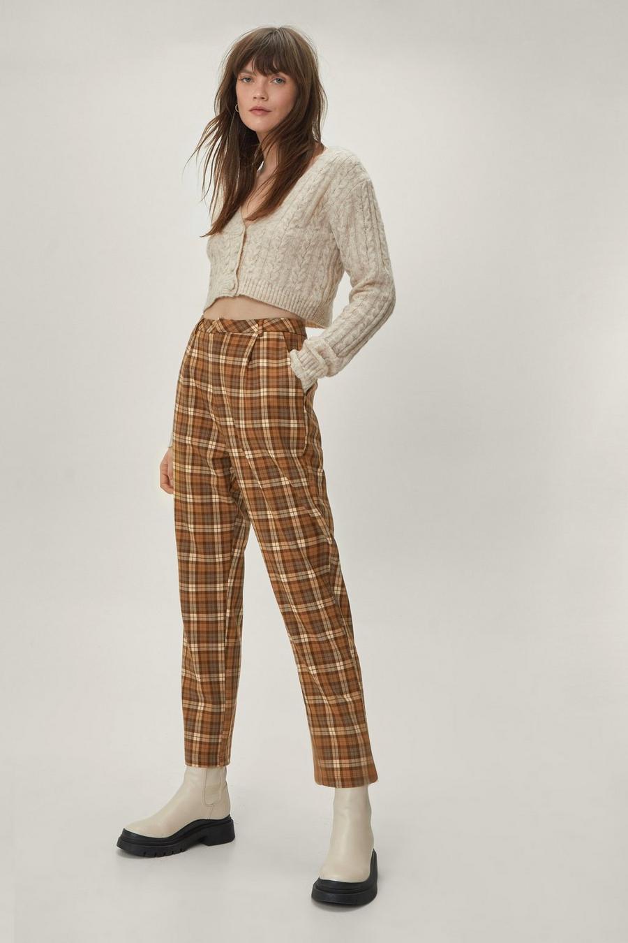Brown Check Pleated Tapered Trousers