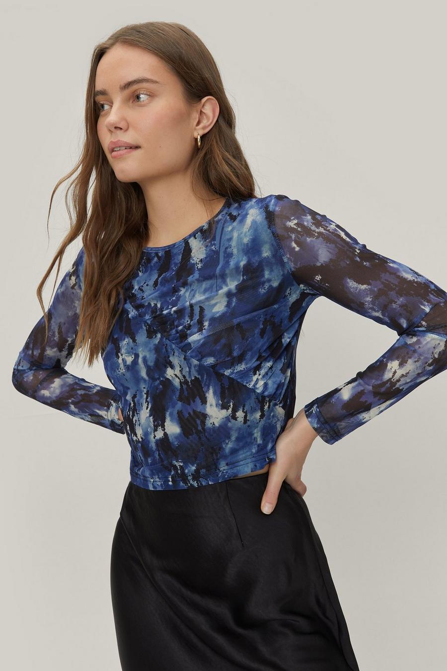 Long Sleeve Printed Rouched Front Mesh Top
