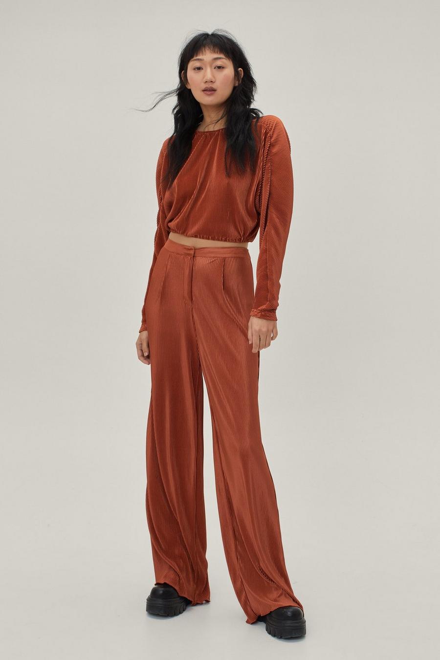 Plisse High Waisted Wide Leg Trousers
