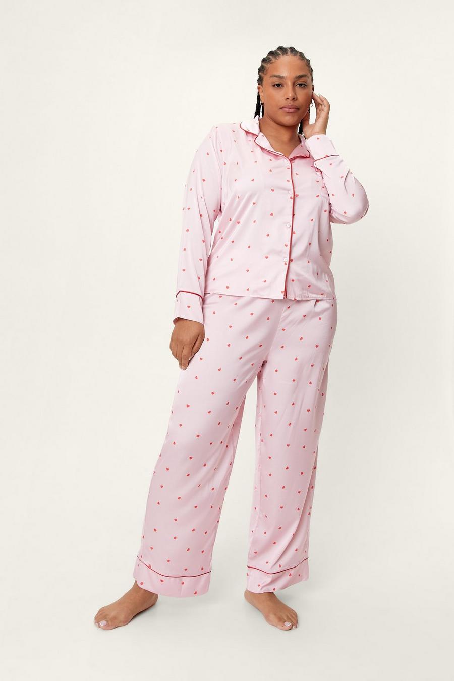 Plus Size Satin Heart Print 6pc Pyjama Set