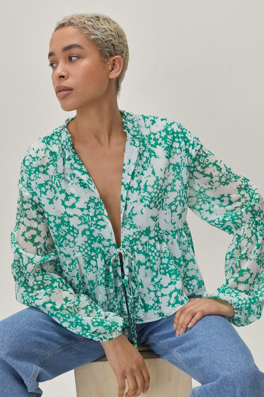 Floral Tie Front Cropped Smock Blouse