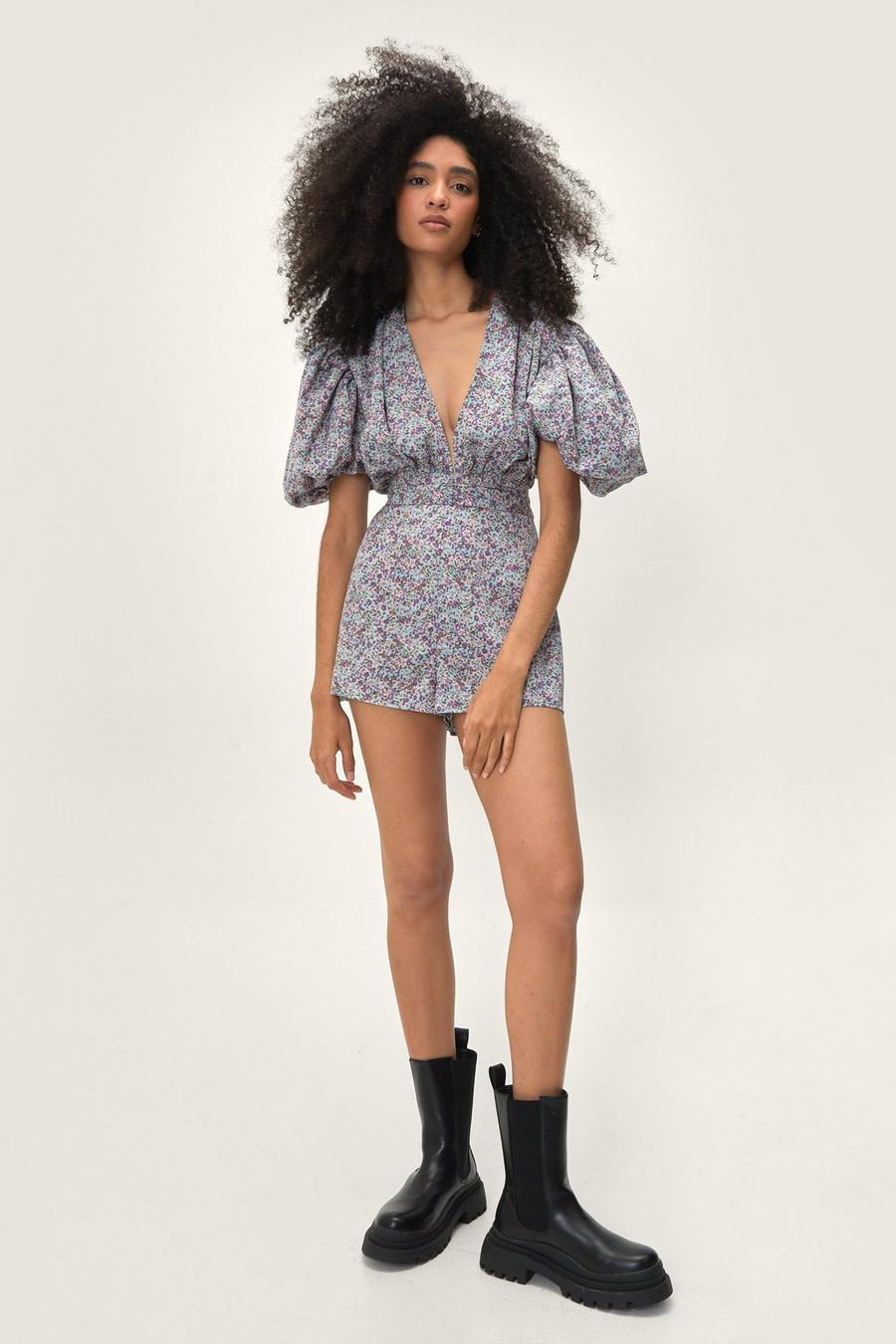 Floral Puff Sleeve Ruched Waist Playsuit
