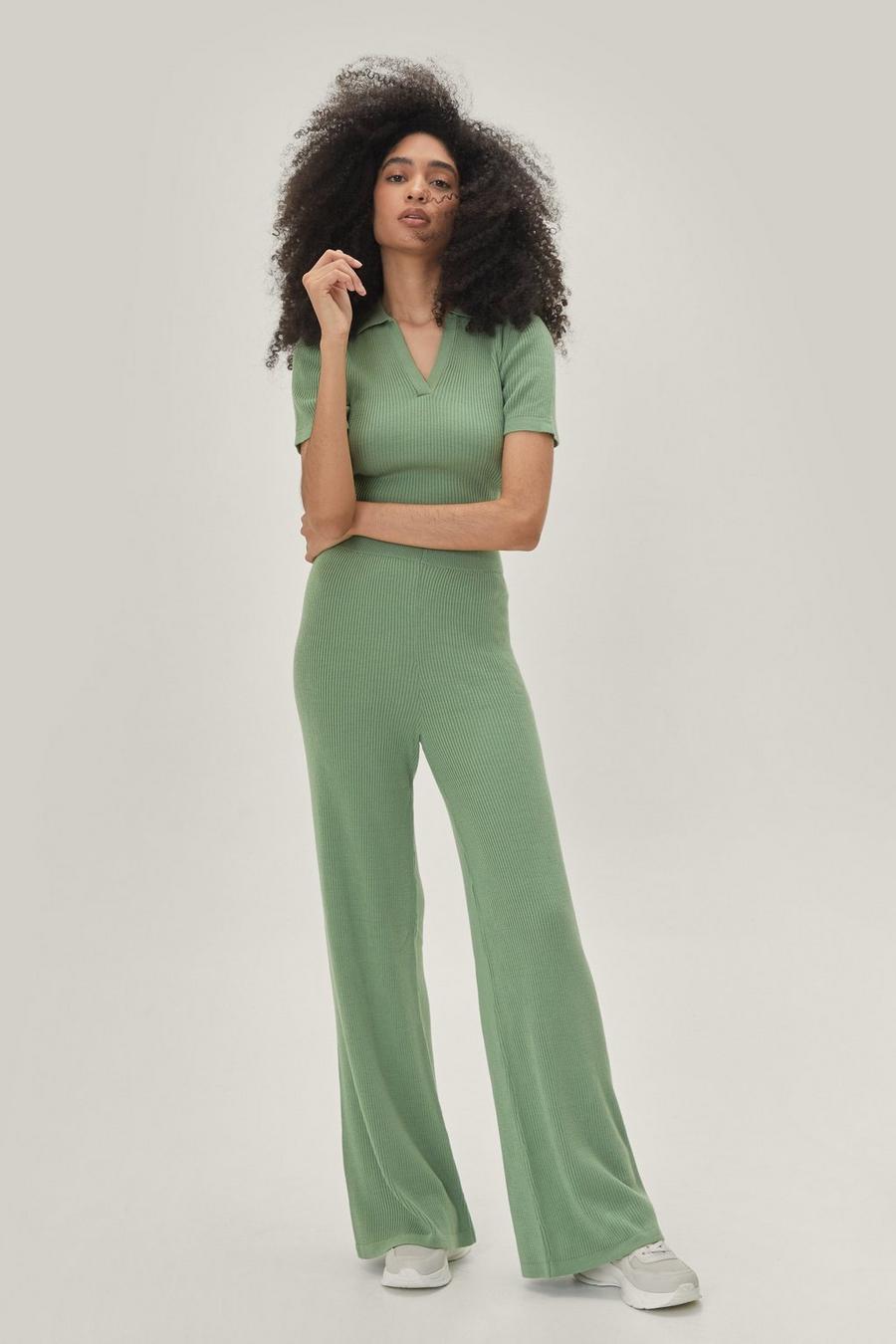 Knitted Rib Collar Detail Top And Trouser Set