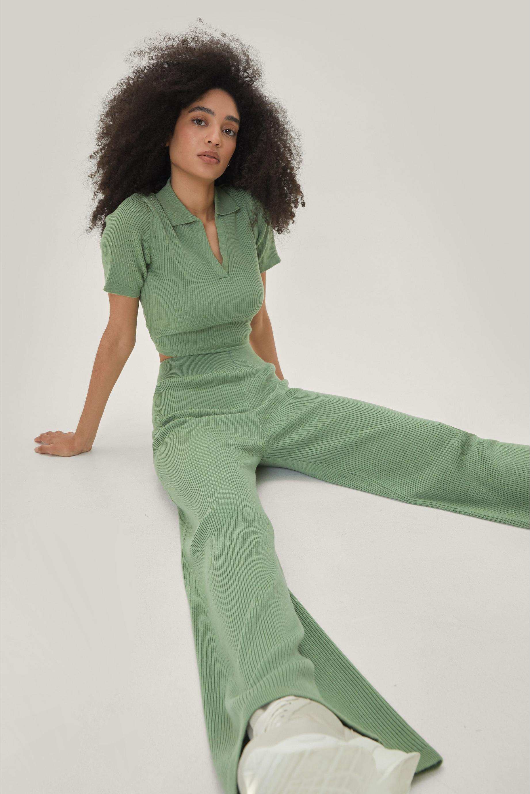 Knitted Rib Collar Detail Top And Trouser Set