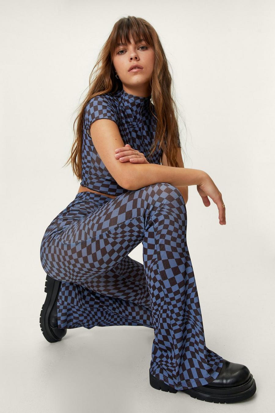 Abstract Tile Mesh High Waisted Flared Trousers