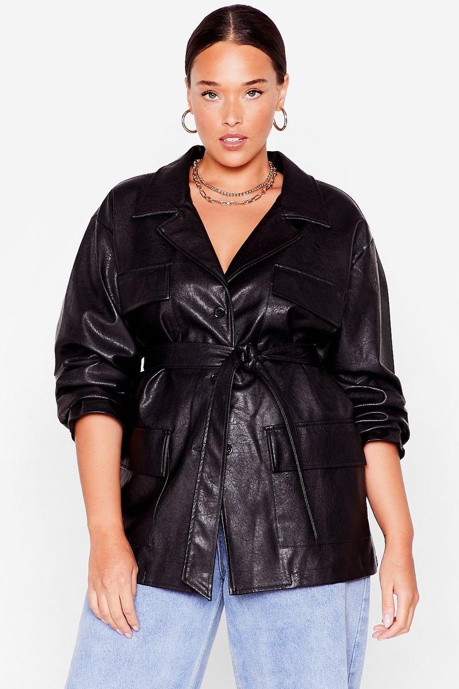 Plus Size Belted Faux Leather Jacket