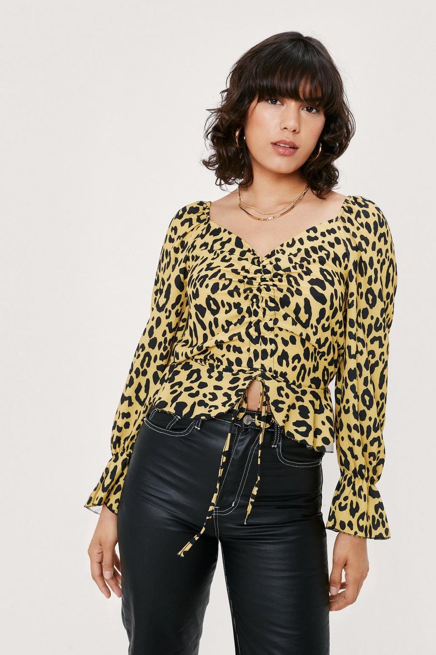 Leopard Print Ruched Front Cropped Blouse