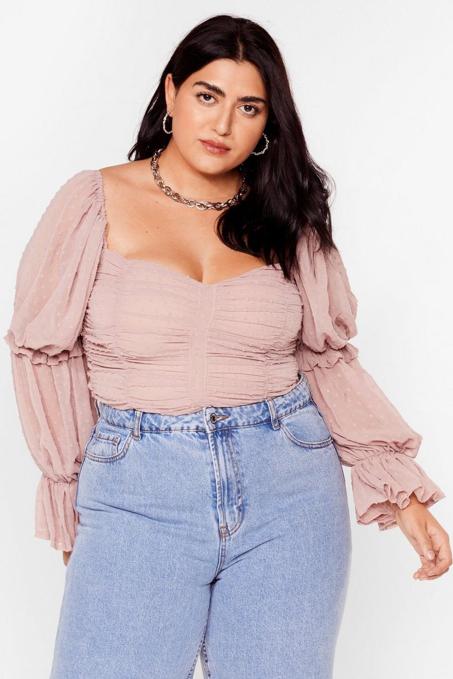Plus Size Ruched Mesh Puff Sleeve Blouse
