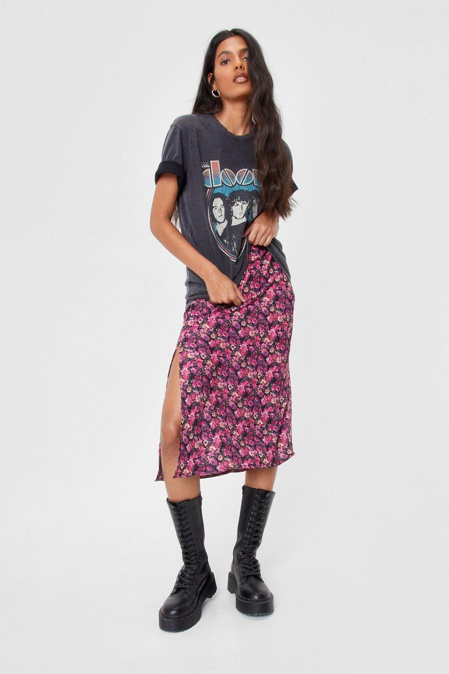 High Waisted Side Slit Floral Midi Skirt