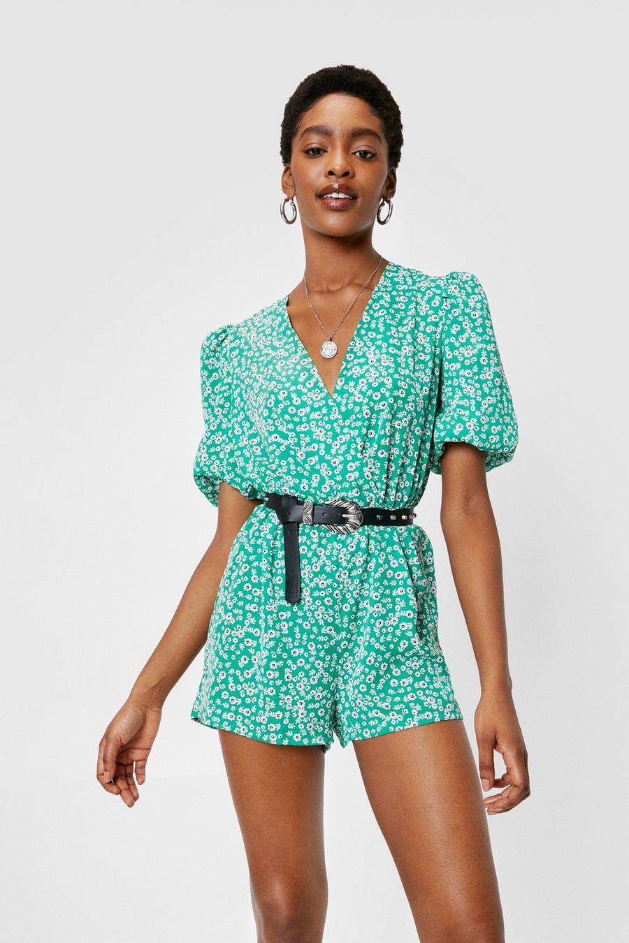 Floral Puff Sleeve Wrap Playsuit