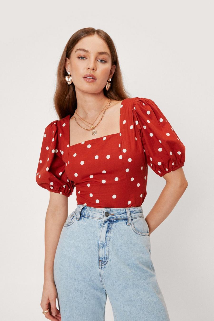 Square Neck Puff Sleeve Polka Dot Crop Top