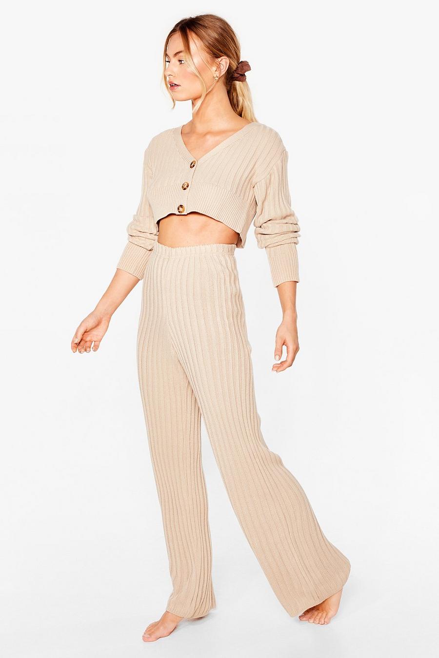 Ribbed V Neck Cardigan and Trousers Lounge Set