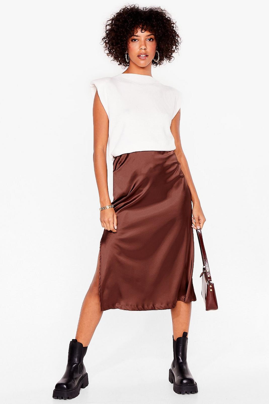 Chocolate Slinky Satin Slit Midi Skirt image number 1