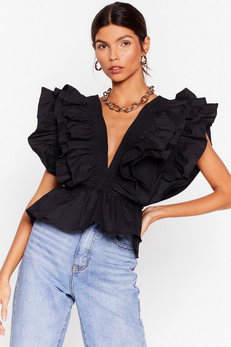 Plunging V Neck Ruffle Detail Cropped Blouse