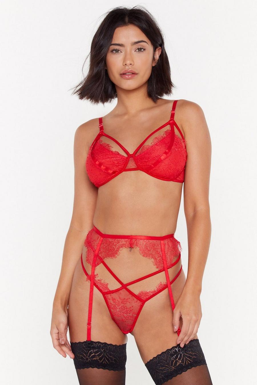 Lace 3-Piece Bralette Knickers And Suspender