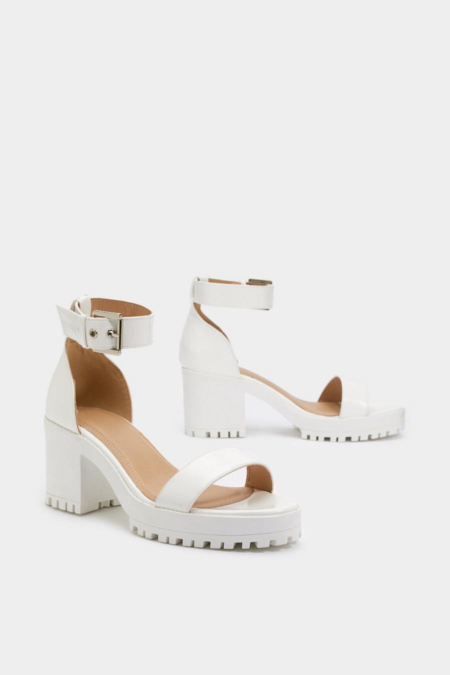 White Faux Leather Sandals with Low Block Heel