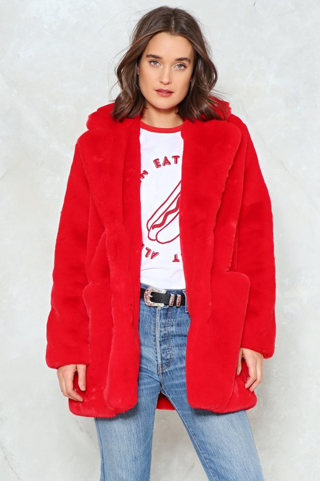 Red Mid Length Oversized Faux Fur Coat image number 1