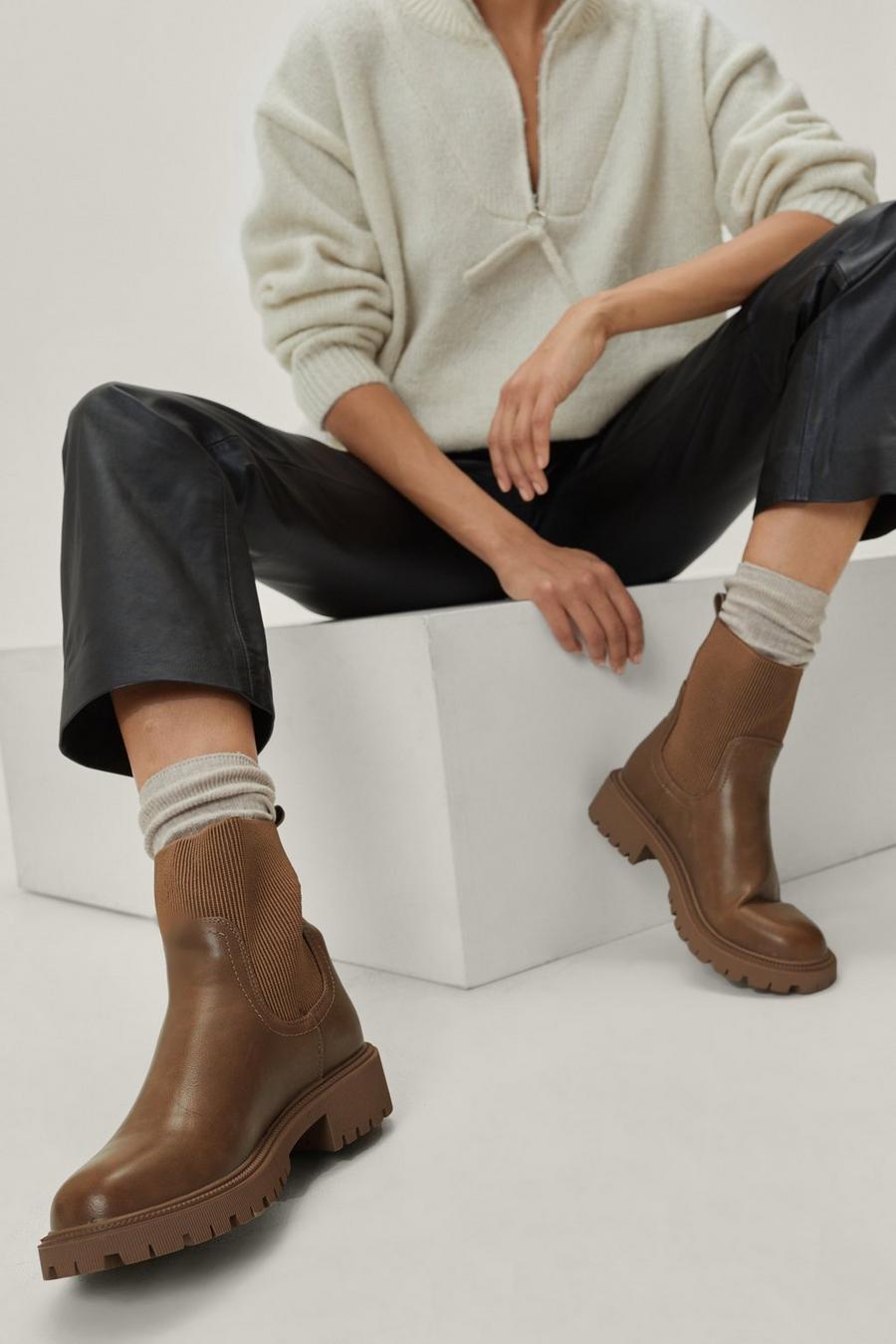 Faux Leather Ribbed Cleated Chelsea Boots