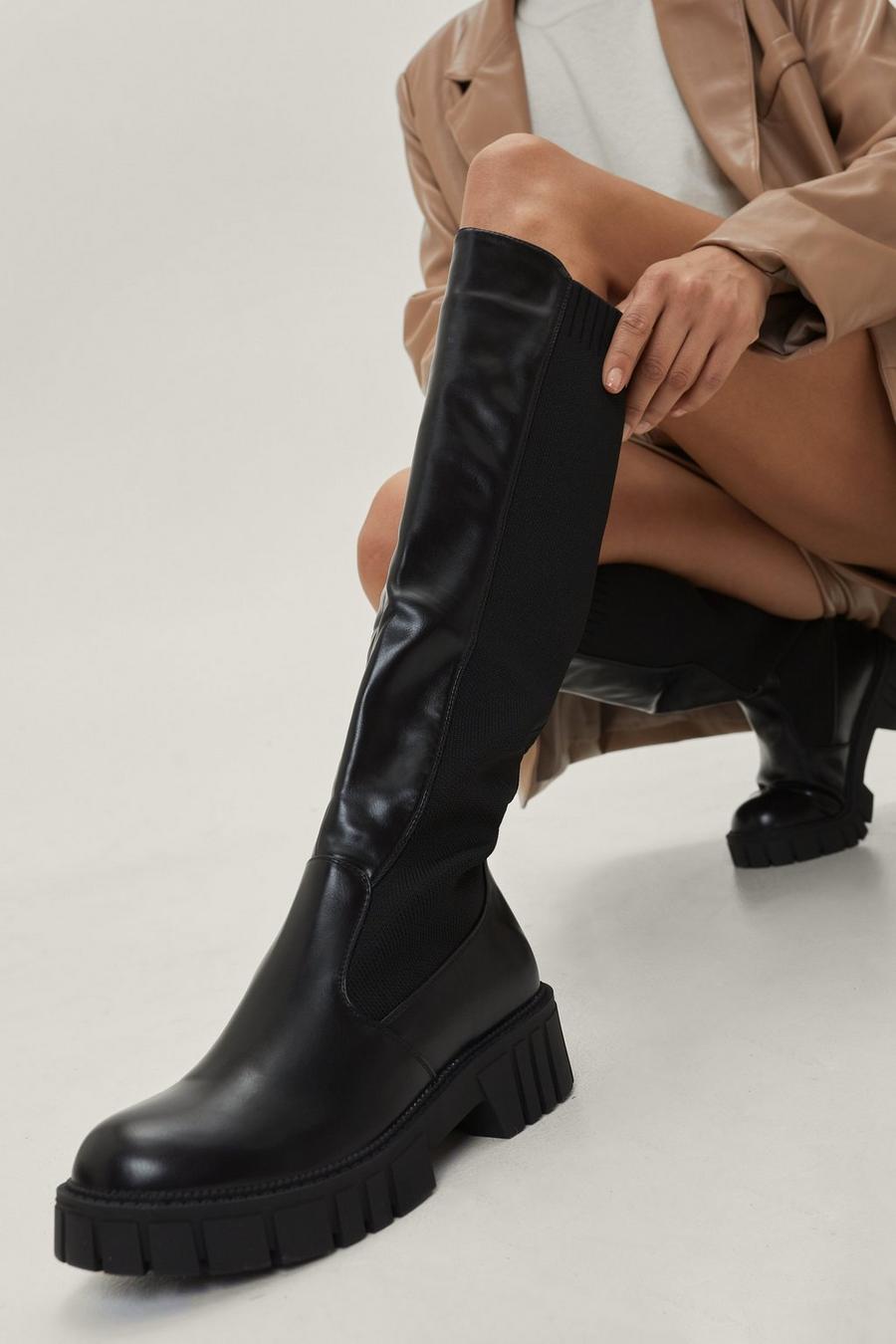 Faux Leather Chunky Cleated Knee High Boots