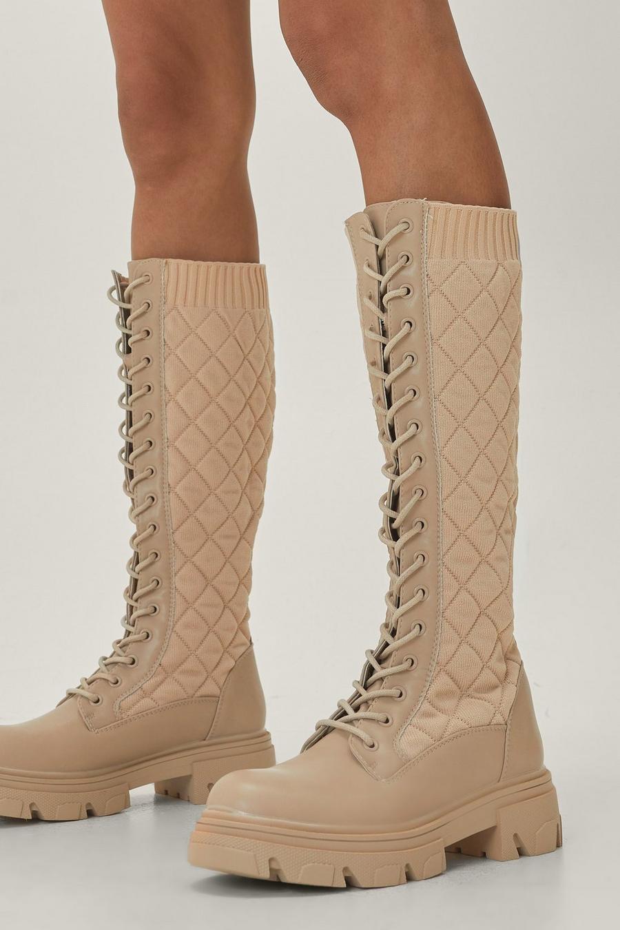 Quilted Knee High Lace Up Chunky Boots