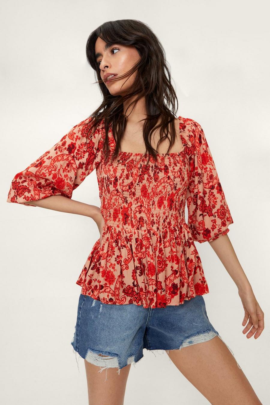 Sustainable Paisley Printed Shirred Smock Top