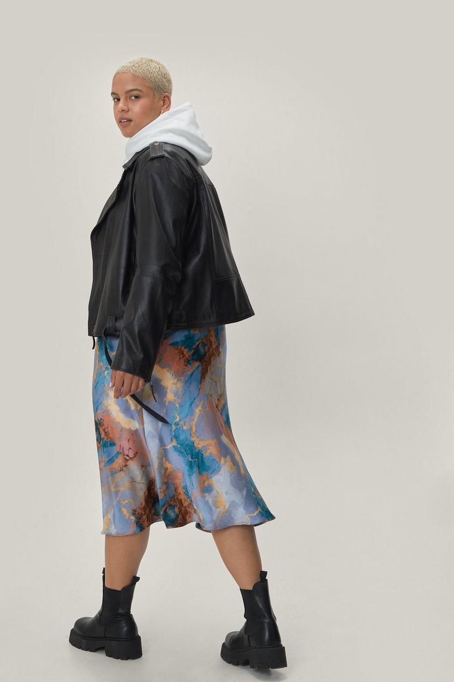 Plus Size Satin Marble Print Midi Skirt
