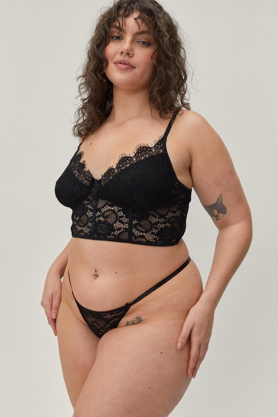 Plus Size Lace Longline Bralette and Thong Set