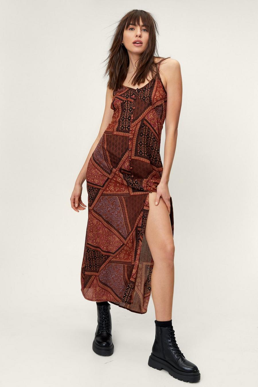Cheesecloth Paisley Print Button Slip Dress