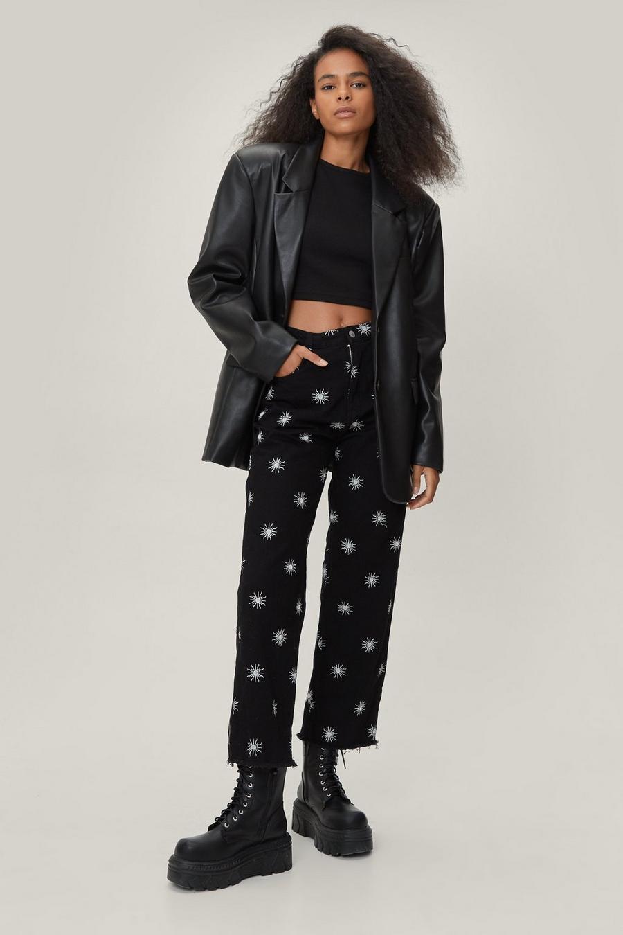 Petite Embroidered Celestial Straight Jeans