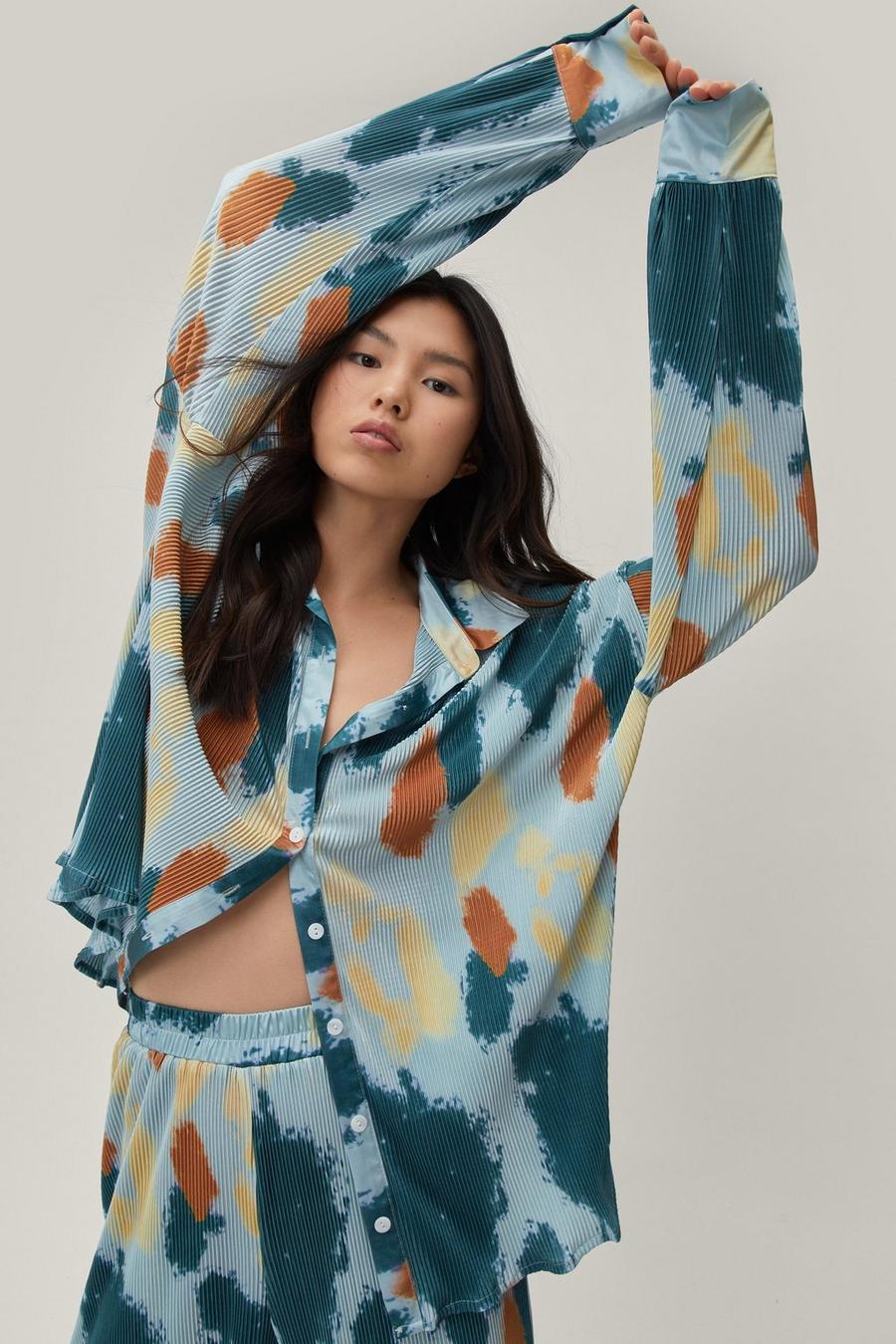 Plisse Co Ord Abstract Print Oversized Shirt 