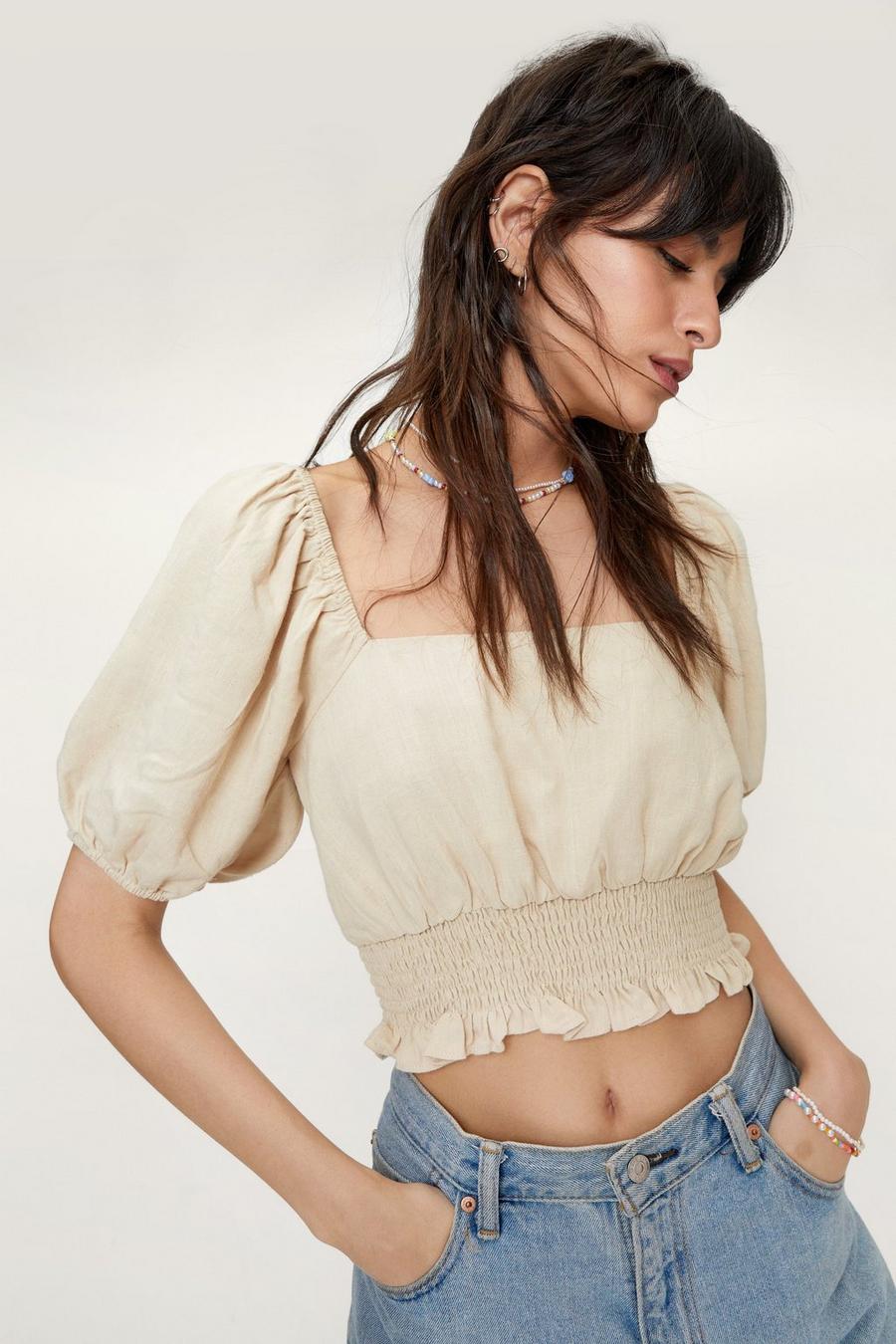 Linen Shirred Square Neck Cropped Top