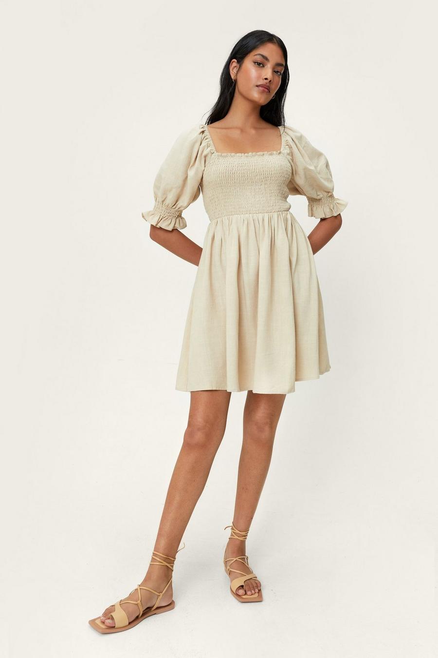 Linen Smocked Puff Sleeve Mini Dress