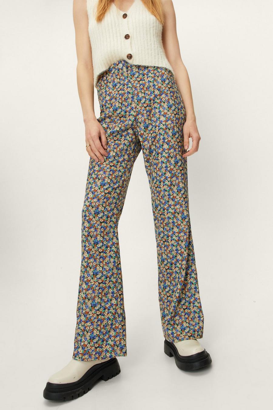 Twill High Waisted Floral Print Flared Trousers