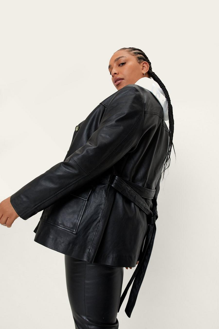 Plus Size Real Leather Button Down Jacket