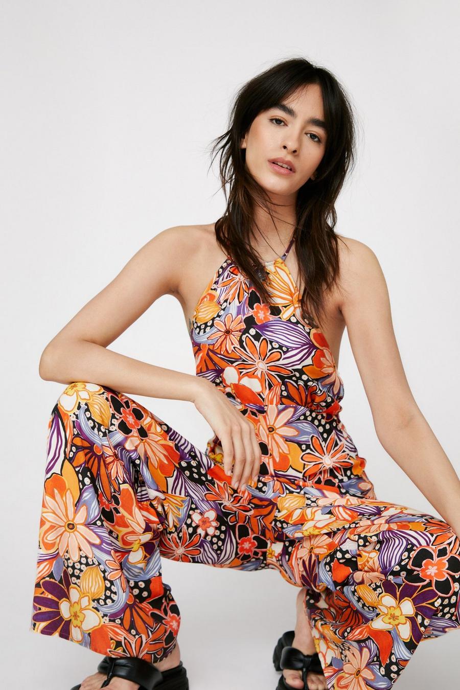 Tropical Floral Printed Strappy Back Jumpsuit