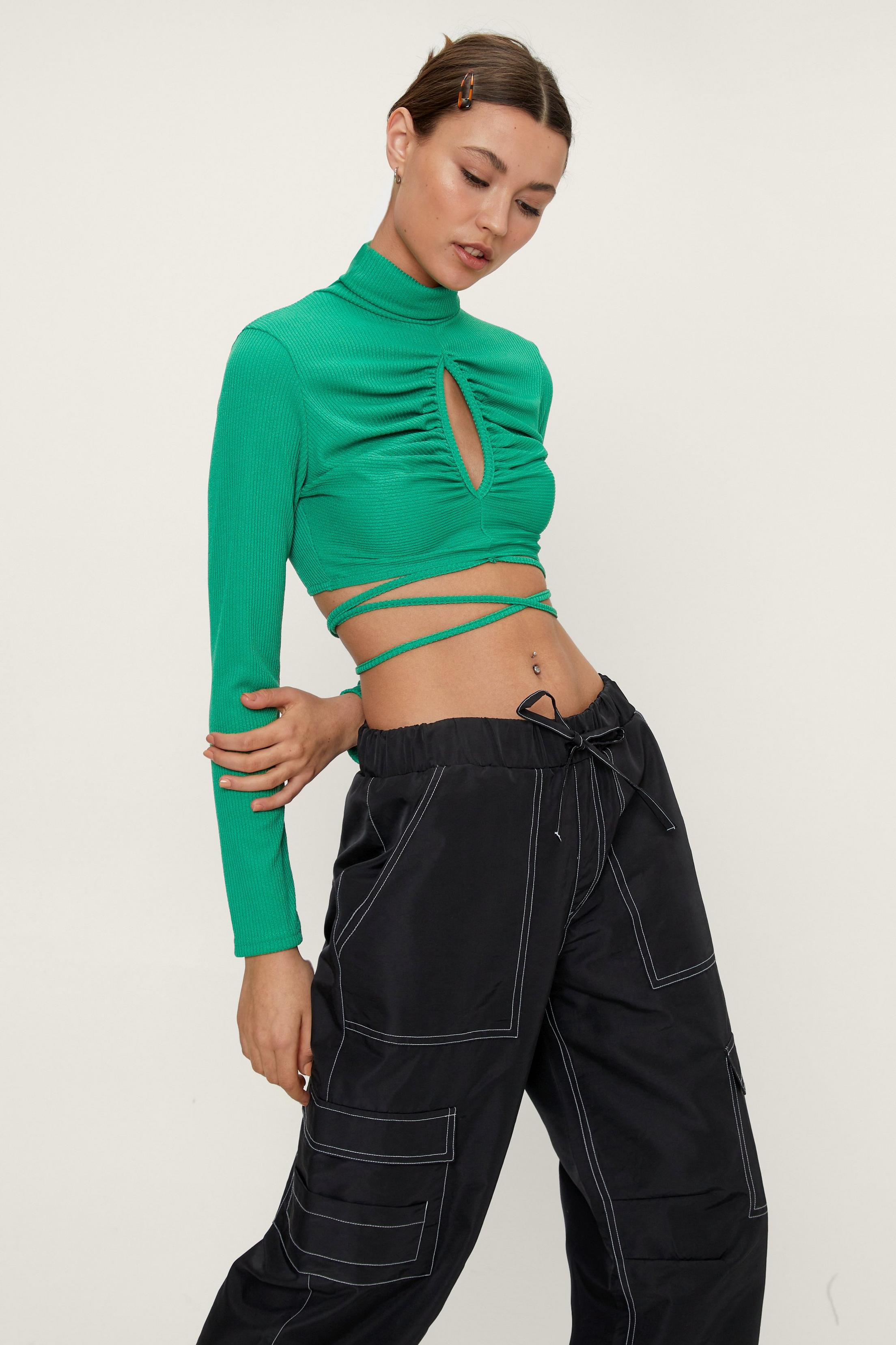 Cut Out Ruched Detail Funnel Neck Top