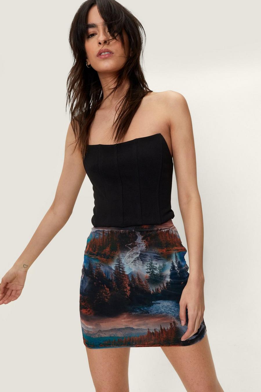 Landscape Printed Mesh Mini Skirt